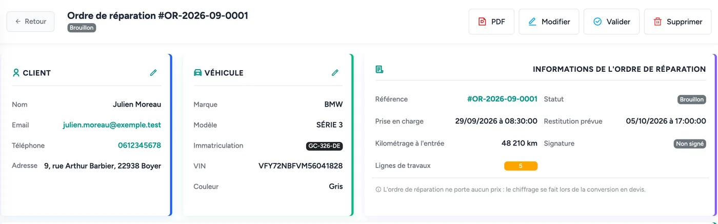 Capture de GestiCarros : en-tête d’un ordre de réparation avec client, véhicule, date de prise en charge, restitution prévue et kilométrage à l’entrée