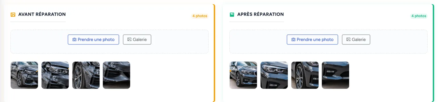 Capture de GestiCarros : cartes Avant réparation et Après réparation d’un ordre de réparation, avec boutons Prendre une photo et Galerie et quatre miniatures chacune